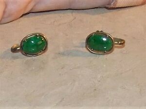 Vintage Green Jadeite Oval Stone Silver Screw On Earrings Jewelry